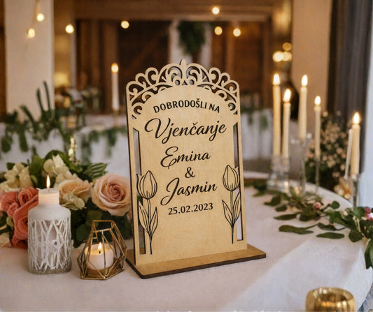 Drvena tabla dobrodošlice za vjenčanje