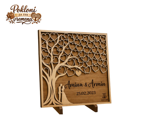 Poklon za godišnjicu braka ili veze – Drvo ljubavi sa imenima i datumom (25x25 cm)