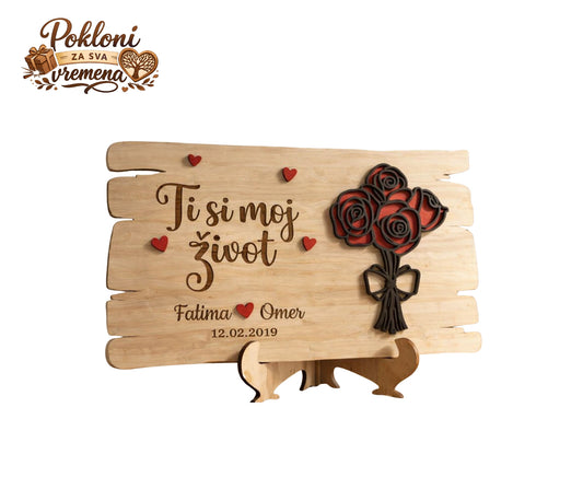 Personalizirani poklon “Ti si moj život” – Drvena dekoracija sa ružama